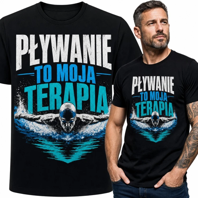 Koszulka męska „Pływanie to moja terapia” - pływak stylem motylkowym