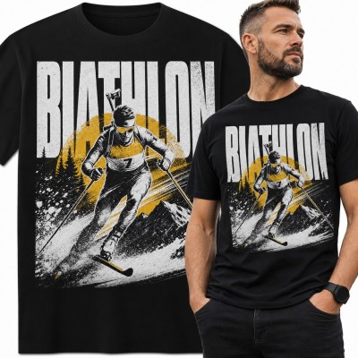 Koszulka męska „Biathlon” - biathlonista z karabinem na tle gór