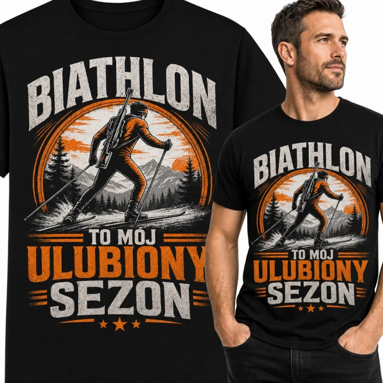 Koszulka męska z biathlonistą na nartach - „Biathlon to mój ulubiony sezon”