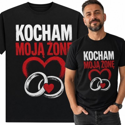 Koszulka męska „Kocham moją żonę” z sercem i obrączkami - dla męża