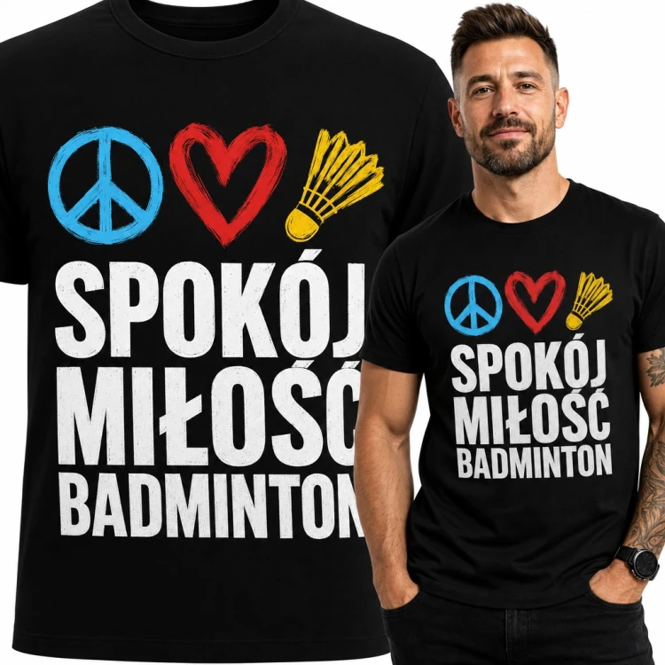 Koszulka męska „Spokój miłość badminton” - pacyfka, serce i lotka