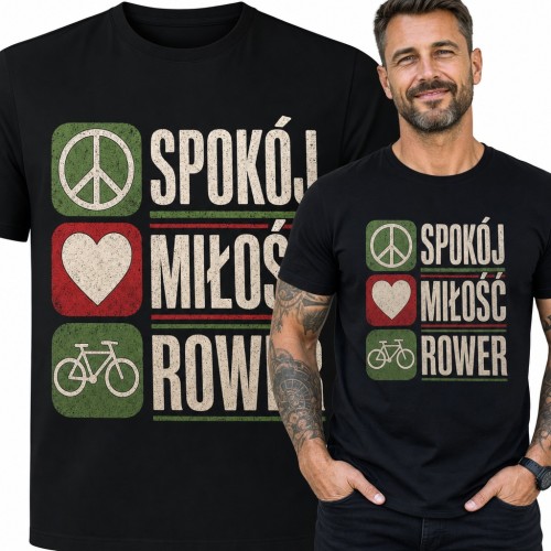 Koszulka męska „Spokój miłość rower” z pacyfką i sercem dla rowerzysty