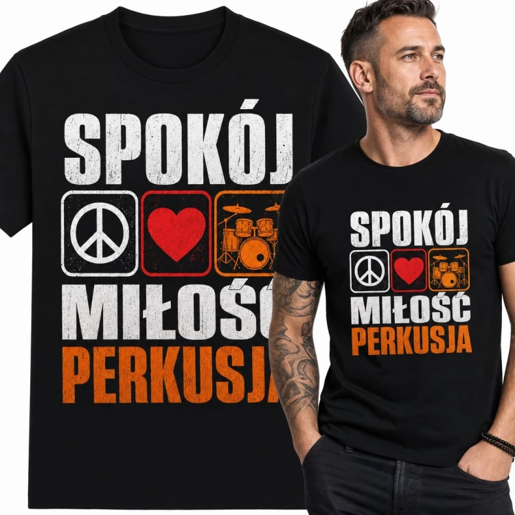 Koszulka męska „Spokój miłość perkusja” z pacyfką i sercem dla perkusisty
