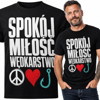 Koszulka męska dla wędkarza „Spokój miłość wędkarstwo” z pacyfką, sercem i haczykiem