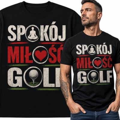 Koszulka męska dla golfisty „Spokój miłość golf” z piłką na tee
