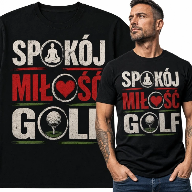 Koszulka męska dla golfisty „Spokój miłość golf” z piłką na tee