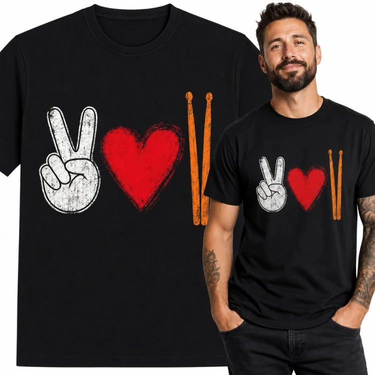 Koszulka męska peace love perkusja - gest pokoju, serce i pałki perkusyjne