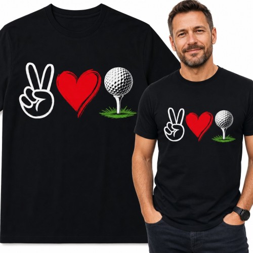 Koszulka męska Peace Love Golf - znak pokoju, serce i piłka golfowa dla golfisty