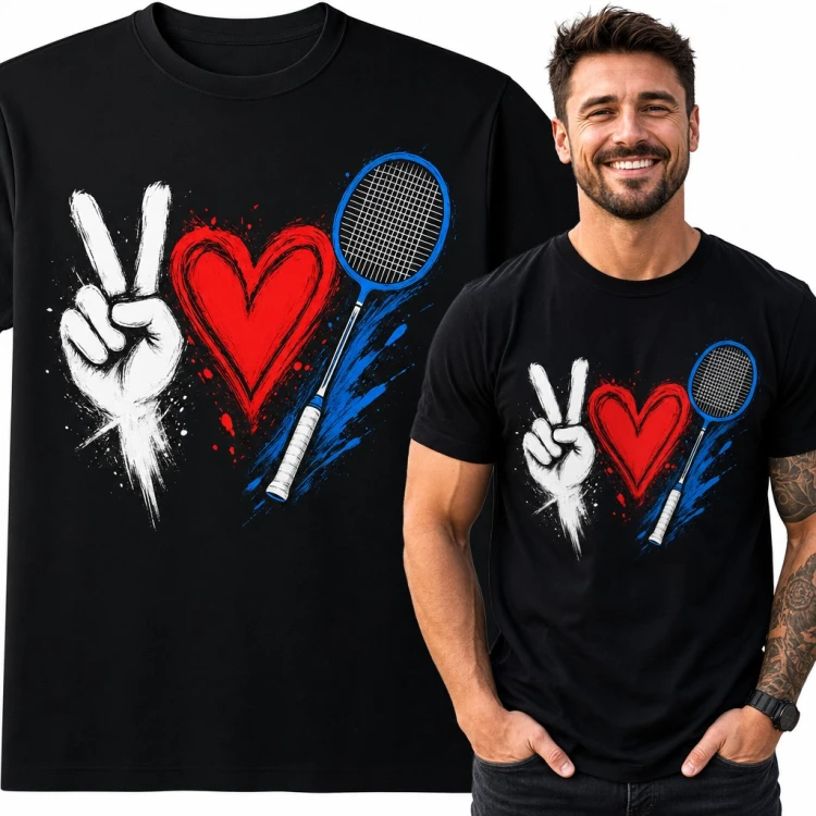 Koszulka męska z badmintonem - gest pokoju, serce i rakietka dla badmintonisty