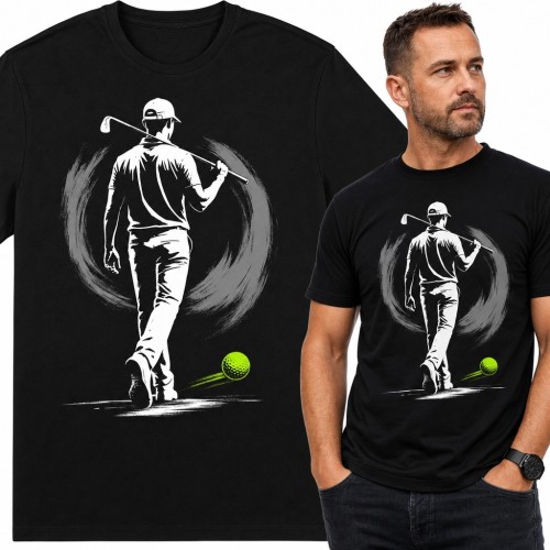 Koszulka męska golfista z kijem na ramieniu i zieloną piłką golfową