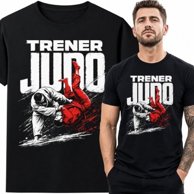Koszulka męska „Trener judo” - rzut przez biodro w białym i czerwonym kimonie