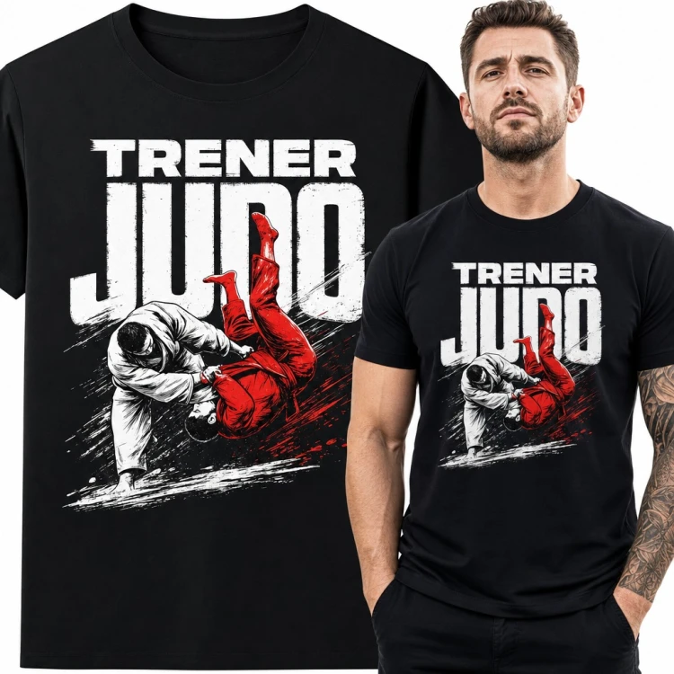Koszulka męska „Trener judo” - rzut przez biodro w białym i czerwonym kimonie