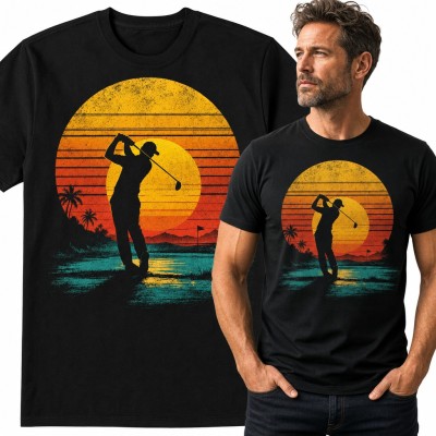 Koszulka męska golfista - retro zachód słońca z palmami dla fana golfa