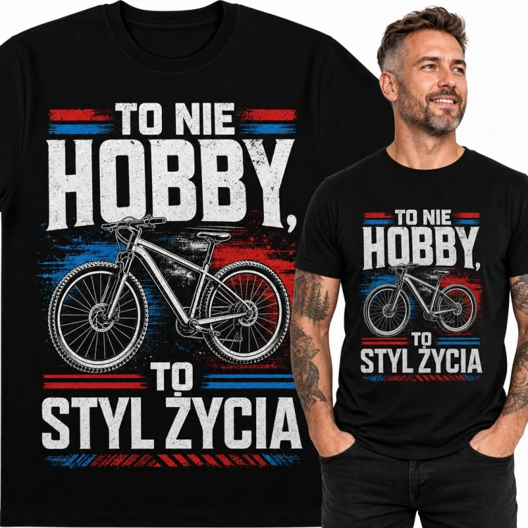 Koszulka męska z rowerem górskim MTB - „To nie hobby, to styl życia” dla rowerzysty