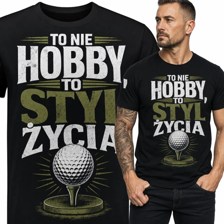 Koszulka męska golf z piłką na tee „To nie hobby, to styl życia”