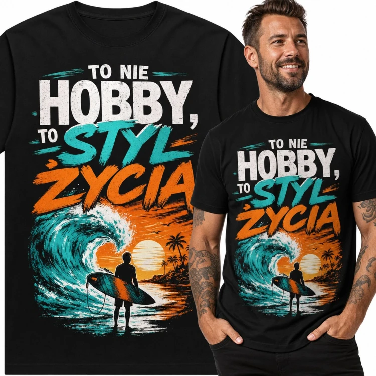Koszulka męska „To nie hobby, to styl życia” - surfer i wielka fala