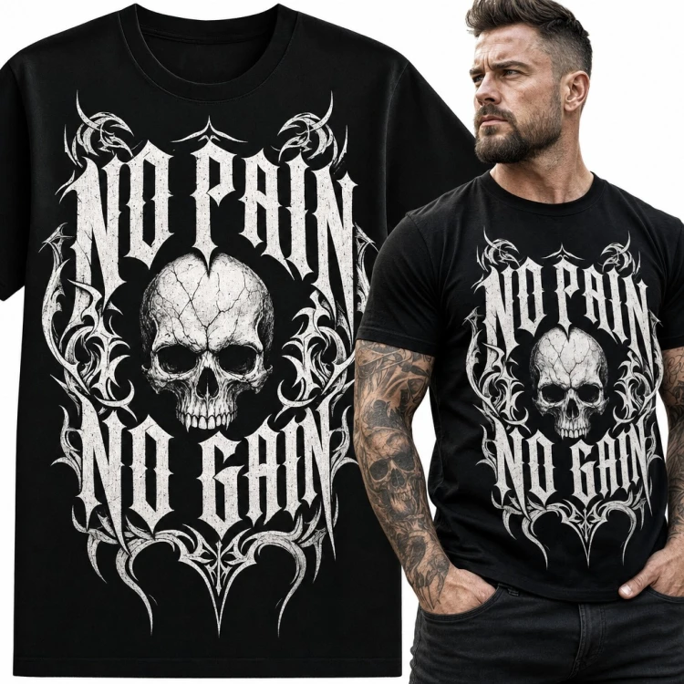Koszulka męska „No Pain No Gain” z czaszką i gotyckim ornamentem na siłownię