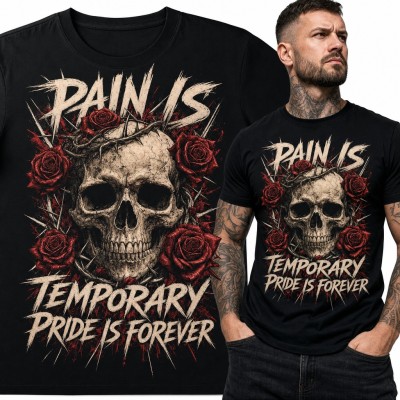 Koszulka męska z czaszką w cierniowej koronie i różami „Pain is temporary pride is forever”