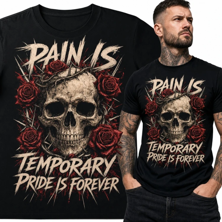 Koszulka męska z czaszką w cierniowej koronie i różami „Pain is temporary pride is forever”