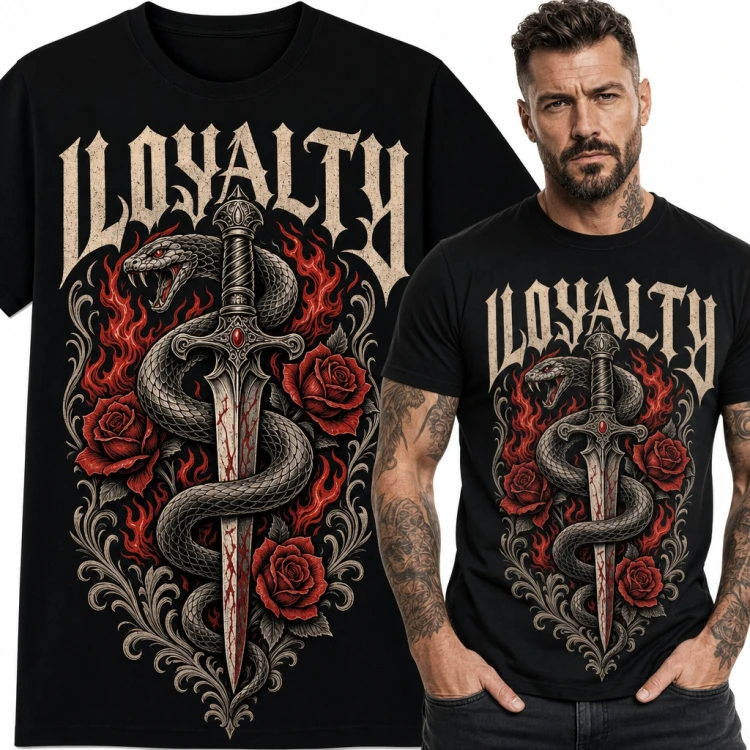 Koszulka męska „Loyalty” - wąż oplatający sztylet i czerwone róże