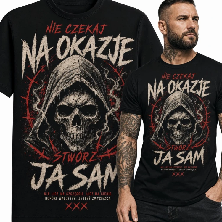 Koszulka męska „Nie czekaj na okazje, stwórz ją sam” - czaszka w kapturze