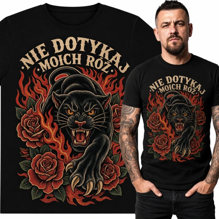 Koszulka męska pantera wśród róż w stylu tattoo - „Nie dotykaj moich róż”