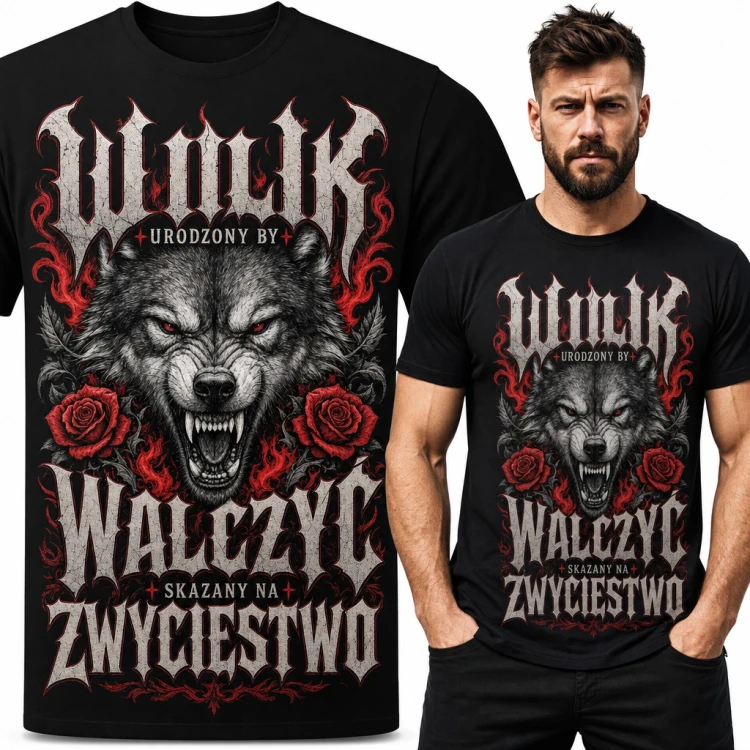 Koszulka męska z wilkiem i różami - „Wilk urodzony by walczyć skazany na zwycięstwo”