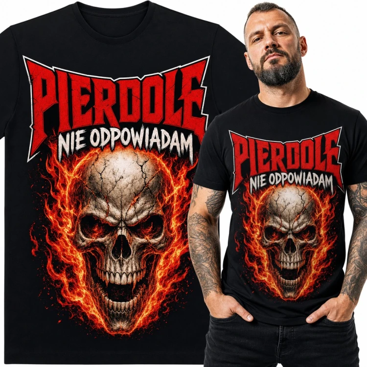 Koszulka męska „Pierdole nie odpowiadam” z płonącą czaszką