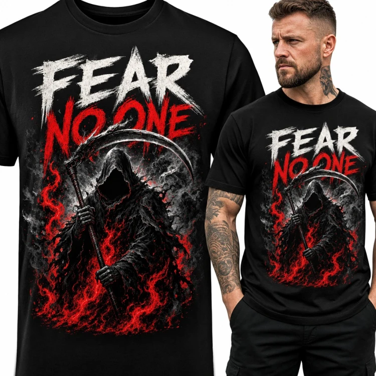 Koszulka męska z ponurym żniwiarzem i kosą w płomieniach „Fear No One”