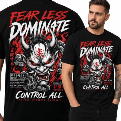 Koszulka męska „Fear Less Dominate” - maska demona Oni w płomieniach