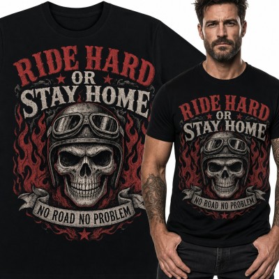 Koszulka męska „Ride hard or stay home” - czaszka w kasku i płomienie dla motocyklisty