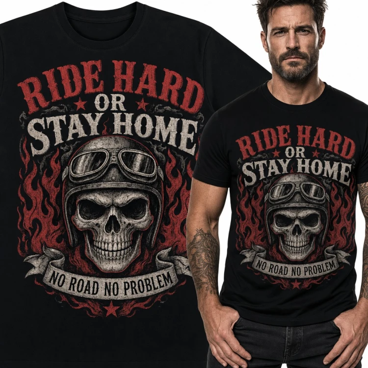 Koszulka męska „Ride hard or stay home” - czaszka w kasku i płomienie dla motocyklisty