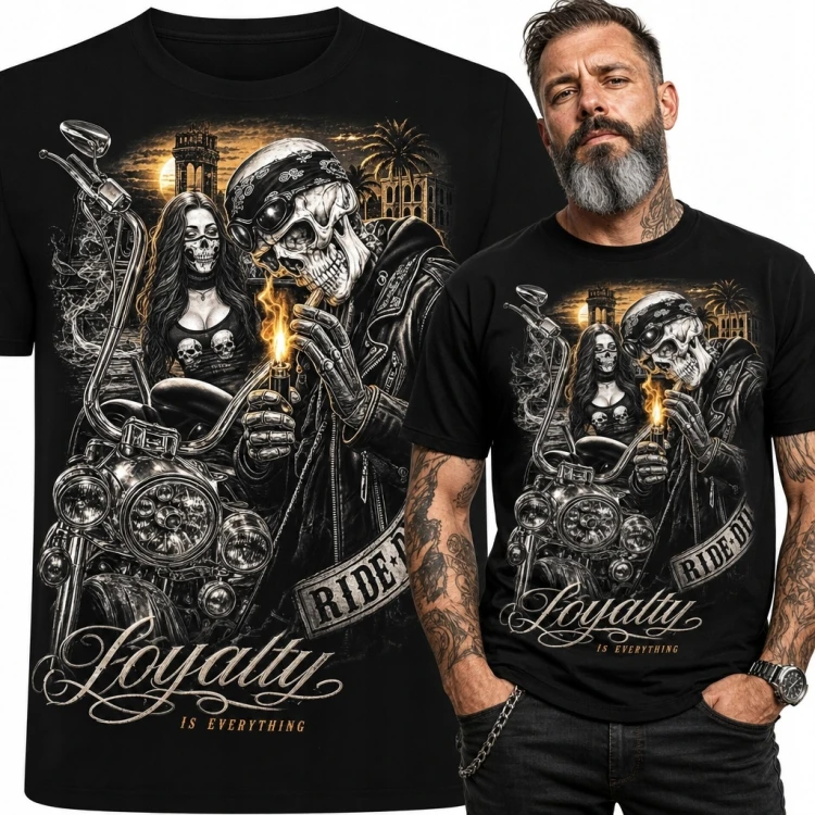 Koszulka męska dla motocyklisty z chopperem i hasłem „Loyalty is everything”