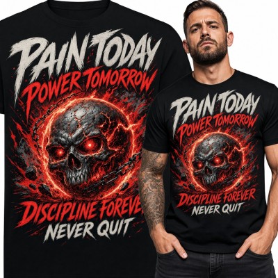 Koszulka męska na siłownię z płonącą czaszką-kulą „Pain today power tomorrow”
