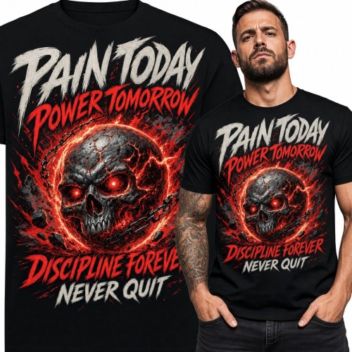 Koszulka męska na siłownię z płonącą czaszką-kulą „Pain today power tomorrow”