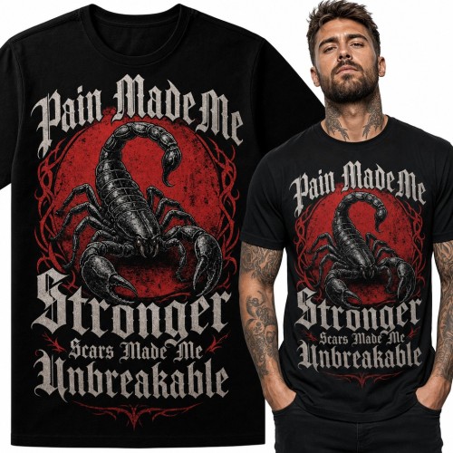 Koszulka męska ze skorpionem - „Pain Made Me Stronger” motywacyjna gotycka
