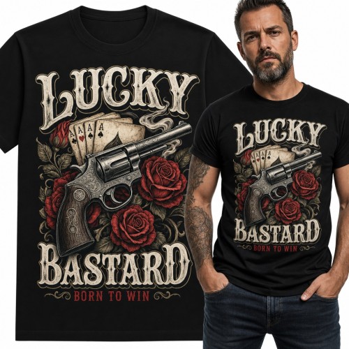 Koszulka męska „Lucky Bastard” - rewolwer, cztery asy i róże dla pokerzysty