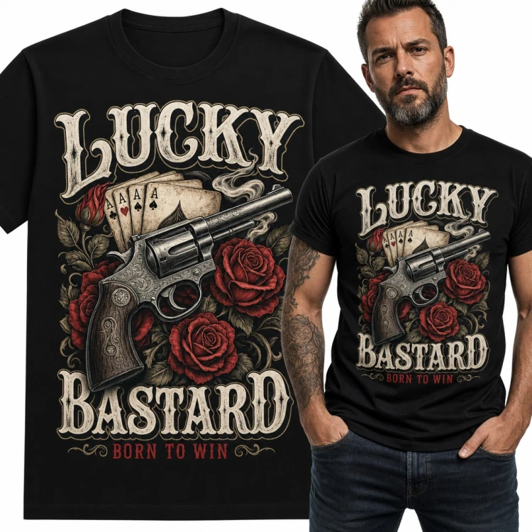 Koszulka męska „Lucky Bastard” - rewolwer, cztery asy i róże dla pokerzysty