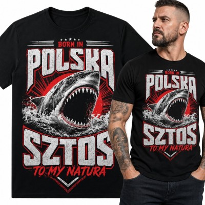 Koszulka męska „Born in Polska sztos to my natura” z rekinem