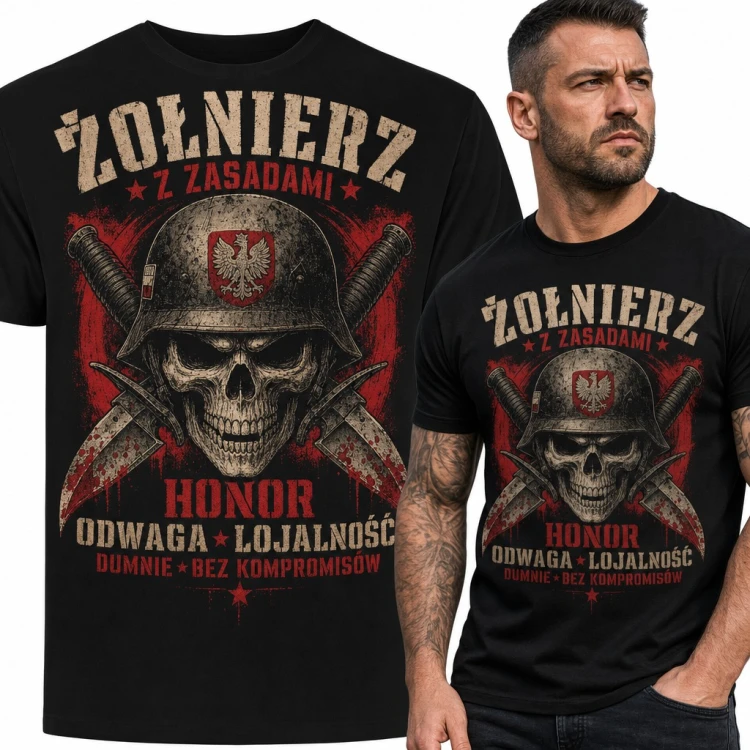 Koszulka męska „Żołnierz z zasadami” - czaszka w hełmie z orłem