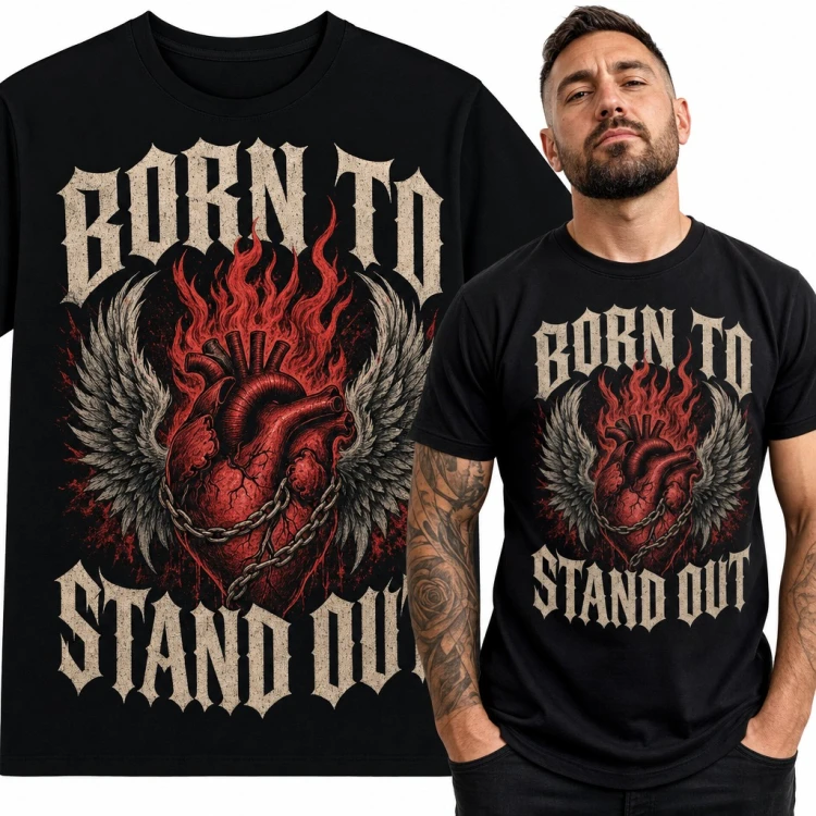 Koszulka męska z płonącym sercem w łańcuchach i skrzydłach - „Born to stand out”