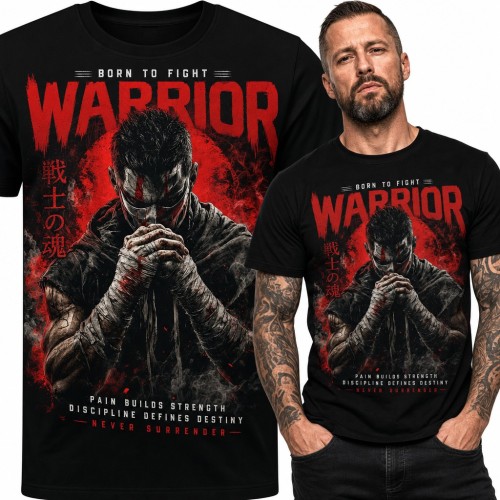 Koszulka męska „Warrior” - wojownik z bandażami na dłoniach i japońskim napisem