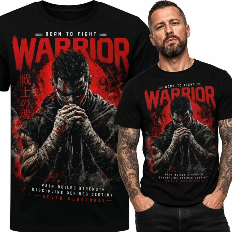 Koszulka męska „Warrior” - wojownik z bandażami na dłoniach i japońskim napisem