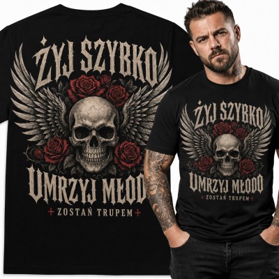 Koszulka męska „Żyj szybko umrzyj młodo” - czaszka ze skrzydłami i różami