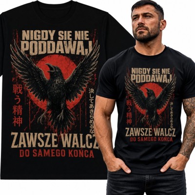 Koszulka męska kruk i czerwone słońce „Nigdy się nie poddawaj” - motywacyjna w stylu japońskim