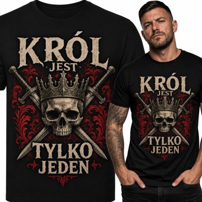 Koszulka męska czaszka w koronie ze skrzyżowanymi mieczami „Król jest tylko jeden”