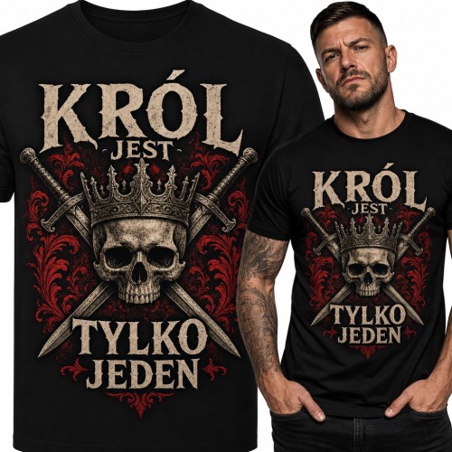 Koszulka męska czaszka w koronie ze skrzyżowanymi mieczami „Król jest tylko jeden”