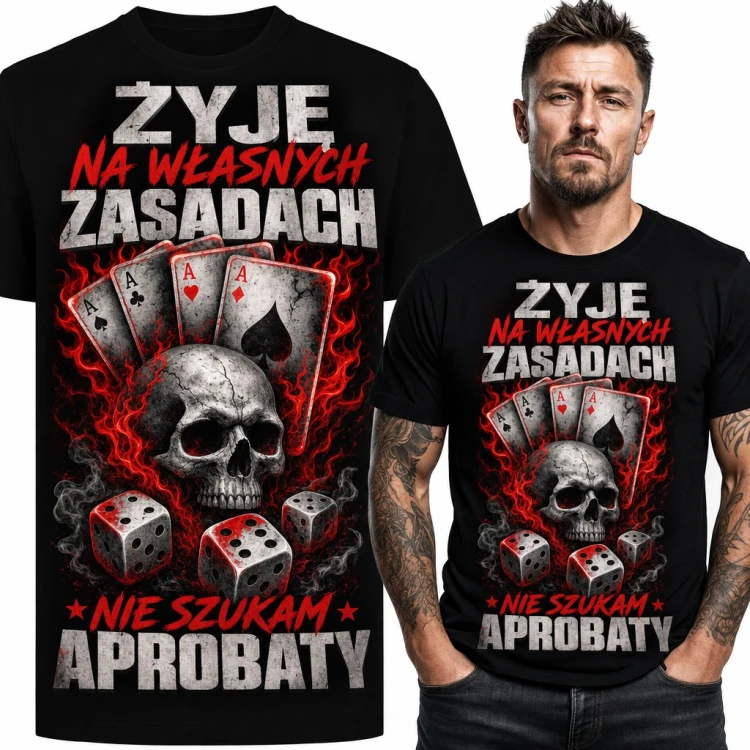 Koszulka męska „Żyję na własnych zasadach, nie szukam aprobaty” - czaszka z asami i kośćmi