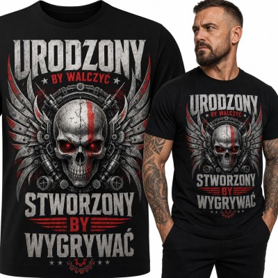 Koszulka męska z czaszką i skrzydłami „Urodzony by walczyć, stworzony by wygrywać”