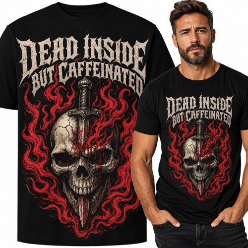 Koszulka męska „Dead Inside but Caffeinated” - czaszka ze sztyletem w płomieniach dla kawosza